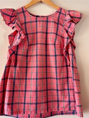 Anthropologie Pink and Navy Plaid Ruffle Sleeve Top Summer Spring 100% Cotton